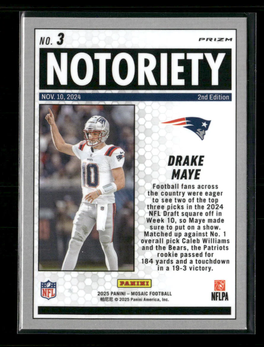 2025 Panini Mosaic Notoriety Mosaic Orange Fluorescent Drake Maye #3 - Image 2