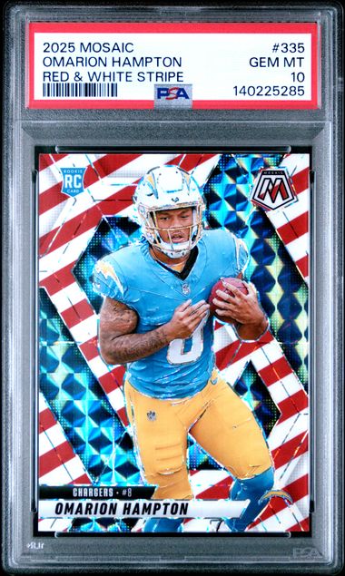 2025 Panini Mosaic Omarion Hampton #335 Red & White Stripe Rookie RC Football Card PSA 10 Gem Mint