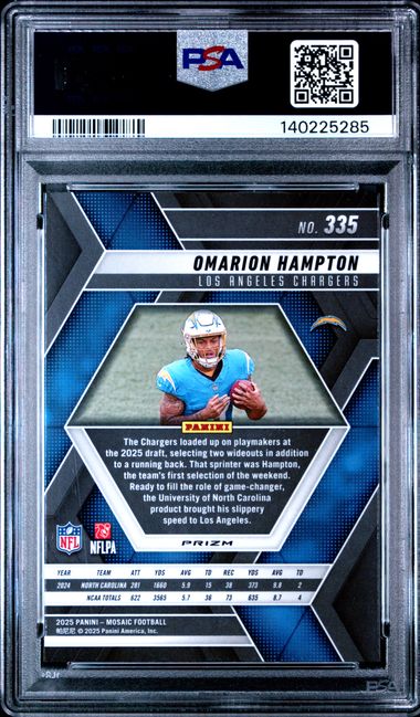 2025 Panini Mosaic Omarion Hampton #335 Red & White Stripe Rookie RC Football Card PSA 10 Gem Mint - Image 2
