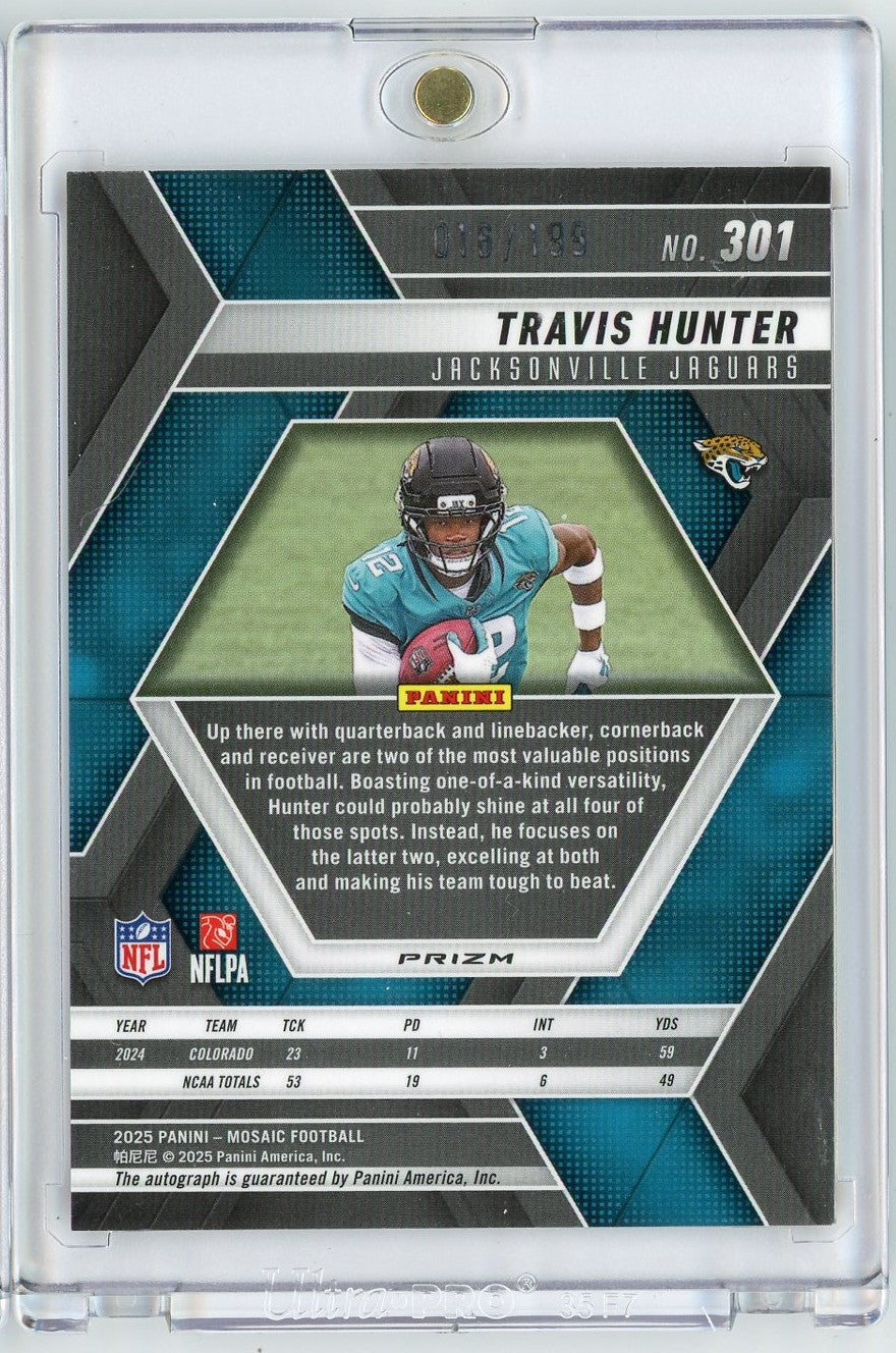 2025 Panini Mosaic Travis Hunter #301 /199 Red Mosaic Auto Rookie RC Football Card - Image 2
