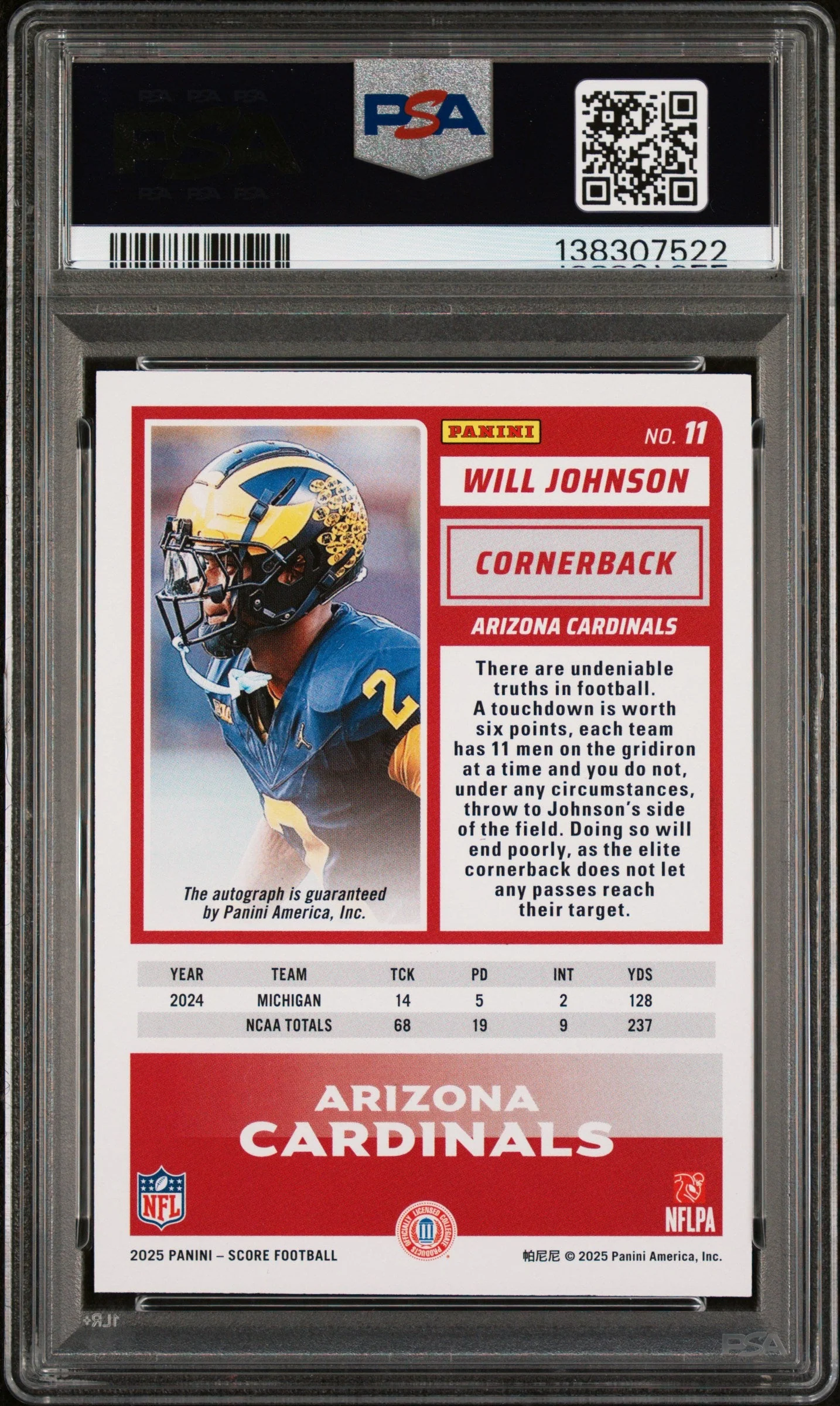 2025 Panini Score Rookie-Signature-Green Will Johnson 9 PSA #11 - Image 2