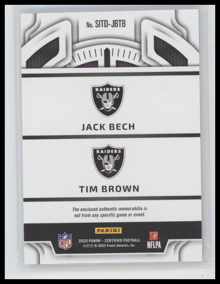 2025 Panini Stitches in Time Purple Jack Bech / Tim Brown #/40 #SITD-JBTB - Image 2