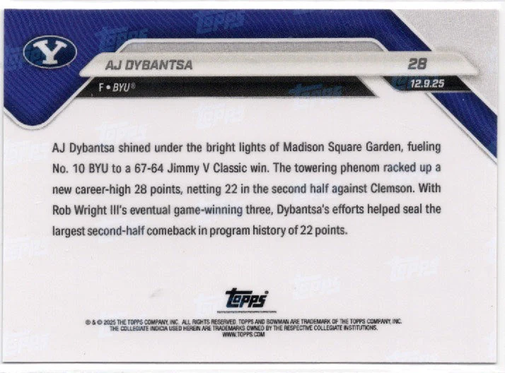 2025 Topps Bowman U Now AJ Dybantsa #28 Orange Foil /25 BYU Cougars Rookie RC Basketball Card - Image 2