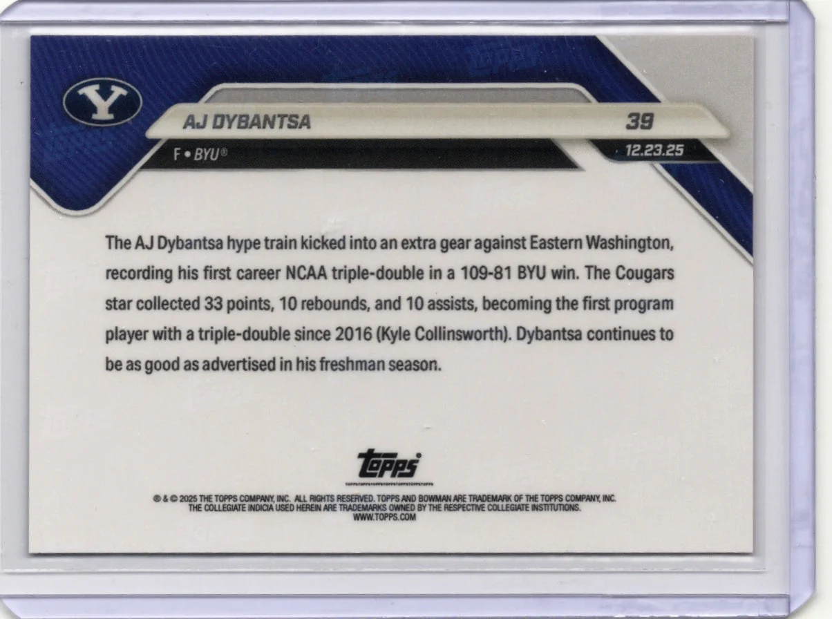2025 Topps Bowman U Now AJ Dybantsa #39 Black Foil /10 BYU Cougars Rookie RC Basketball Card - Image 2