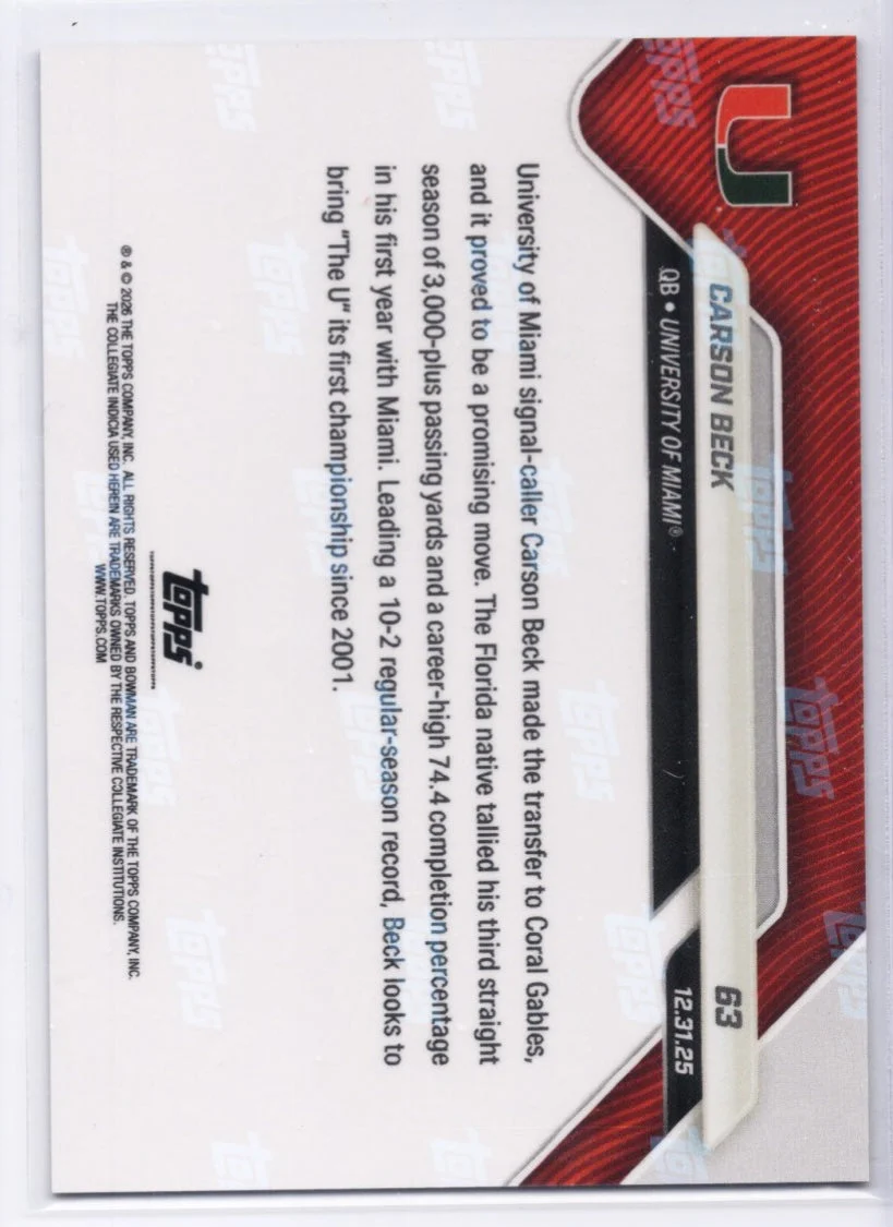 2025 Topps Bowman U Now Carson Beck #63 Orange Foil /25 Miami Hurricanes Rookie RC Football Card - Image 2