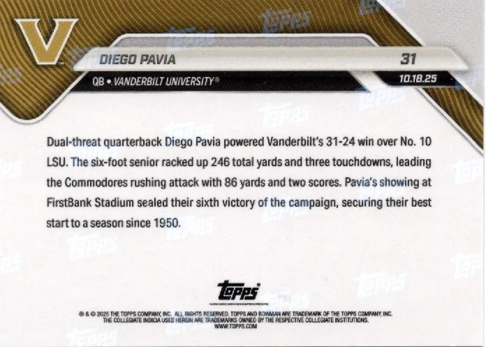 2025 Topps Bowman U Now Diego Pavia #31 Gold Foil /50 Vanderbilt Commodores Rookie RC Football Card - Image 2