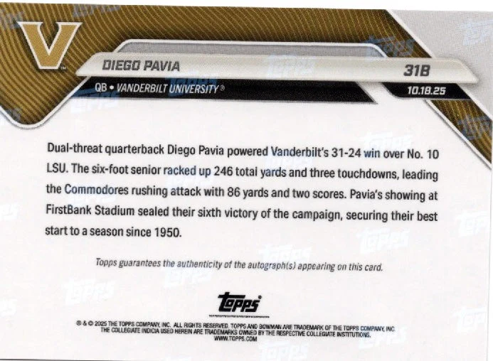 2025 Topps Bowman U Now Diego Pavia #31B Red Auto /5 Vanderbilt Commodores Rookie RC Football Card - Image 2