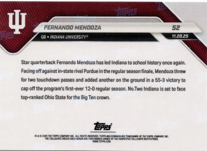 2025 Topps Bowman U Now Fernando Mendoza #52 Orange Foil /25 Indiana Hoosiers Rookie RC Football Card - Image 2