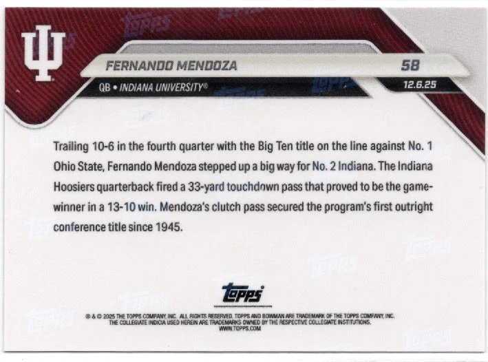2025 Topps Bowman U Now Fernando Mendoza #58 Black Foil /10 Indiana Hoosiers Rookie RC Football Card - Image 2