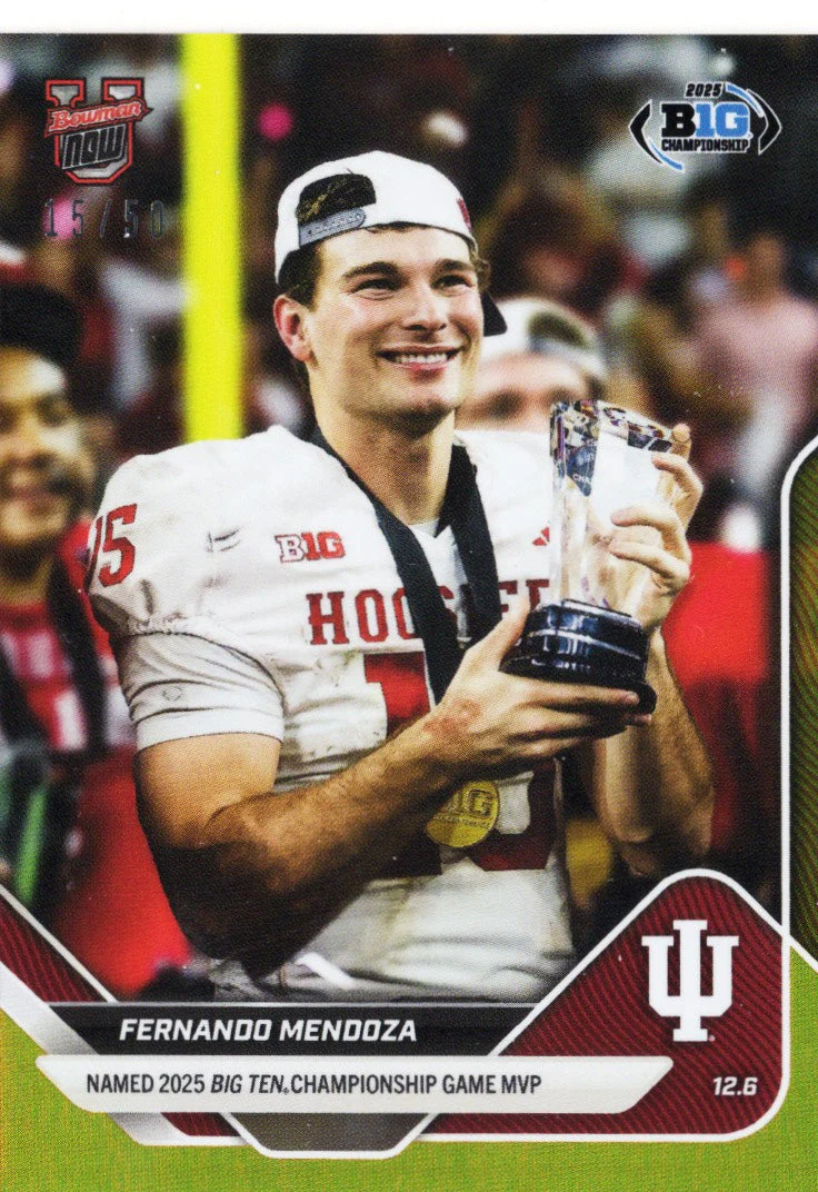 2025 Topps Bowman U Now Fernando Mendoza #58 Gold Foil /50 Indiana Hoosiers Rookie RC Football Card