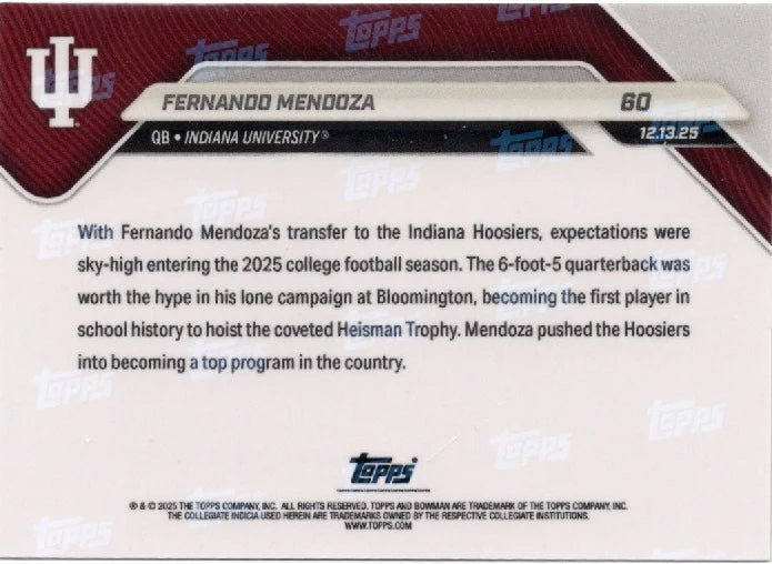 2025 Topps Bowman U Now Fernando Mendoza #60 Gold Foil /50 Indiana Hoosiers Rookie RC Football Card - Image 2