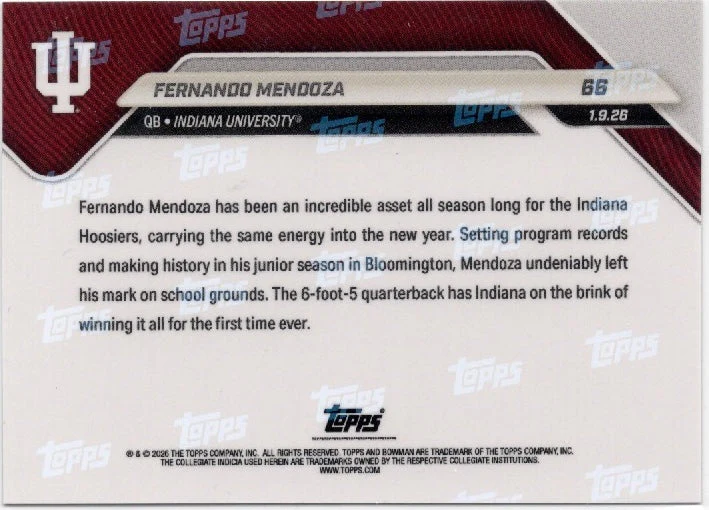 2025 Topps Bowman U Now Fernando Mendoza #66 Gold Foil /50 Indiana Hoosiers Rookie RC Football Card - Image 2
