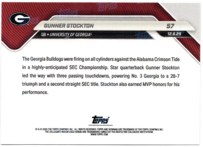 2025 Topps Bowman U Now Gunner Stockton #57 Red Foil /5 Georgia Bulldogs Rookie RC Football Card - Image 2