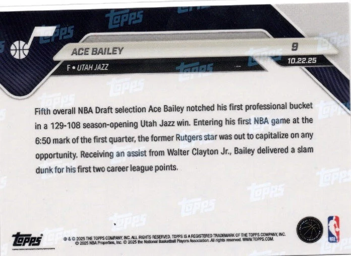 2025 Topps Now Ace Bailey #9 Gold Foil /50 Utah Jazz Rookie RC Basketball Card - Image 2