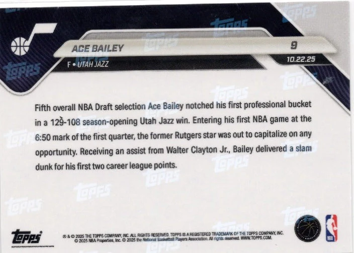 2025 Topps Now Ace Bailey #9 Green Foil /99 Utah Jazz Rookie RC Basketball Card - Image 2
