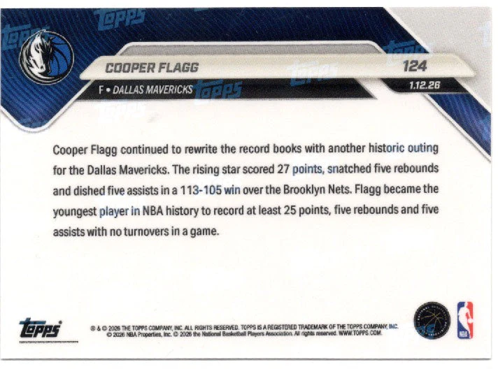 2025 Topps Now Cooper Flagg #124 Gold Foil /50 Dallas Mavericks Rookie RC Basketball Card - Image 2