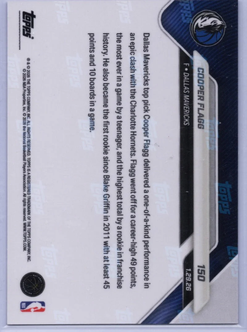 2025 Topps Now Cooper Flagg #150 Gold Foil /50 Dallas Mavericks Rookie RC Basketball Card - Image 2
