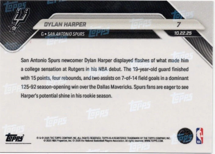 2025 Topps Now Dylan Harper #7 Green Foil /99 San Antonio Spurs Rookie RC Basketball Card - Image 2
