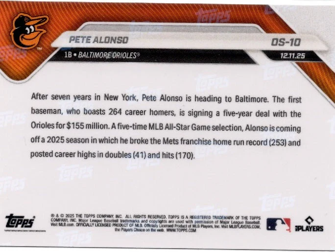2025 Topps Now Pete Alonso #OS10 Black Foil /10 Baltimore Orioles Baseball Card - Image 2