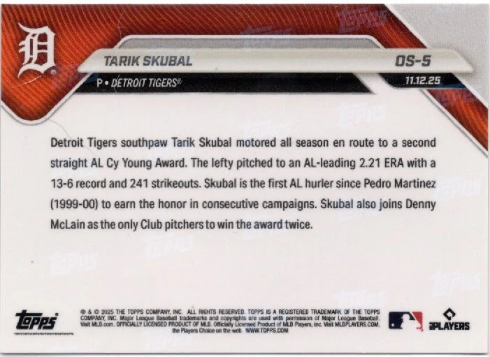 2025 Topps Now Tarik Skubal #OS5 Gold Foil /50 Detroit Tigers Baseball Card - Image 2