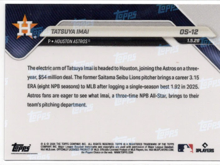 2025 Topps Now Tatsuya Imai #OS12 Orange Foil /25 Houston Astros Rookie RC Baseball Card - Image 2