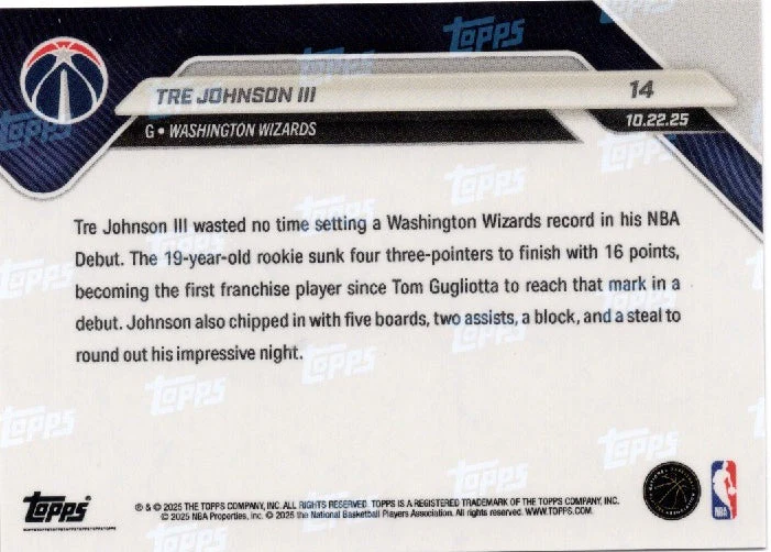 2025 Topps Now Tre Johnson #14 Orange Foil /25 Washington Wizards Rookie RC Basketball Card - Image 2