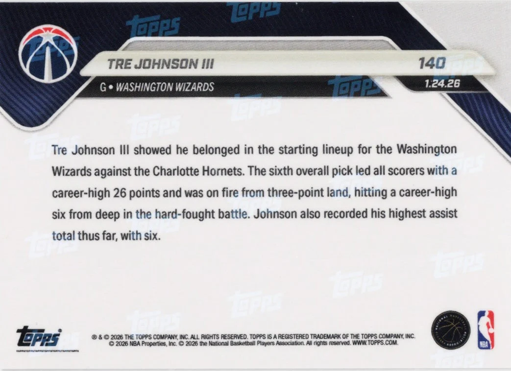 2025 Topps Now Tre Johnson #140 Orange Foil /25 Washington Wizards Rookie RC Basketball Card - Image 2