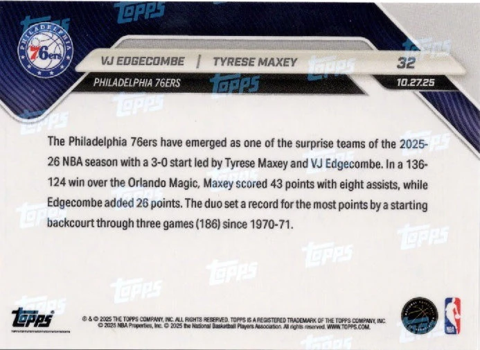 2025 Topps Now VJ Edgecombe/Tyrese Maxey #32 Green Foil /99 Basketball Card - Image 2