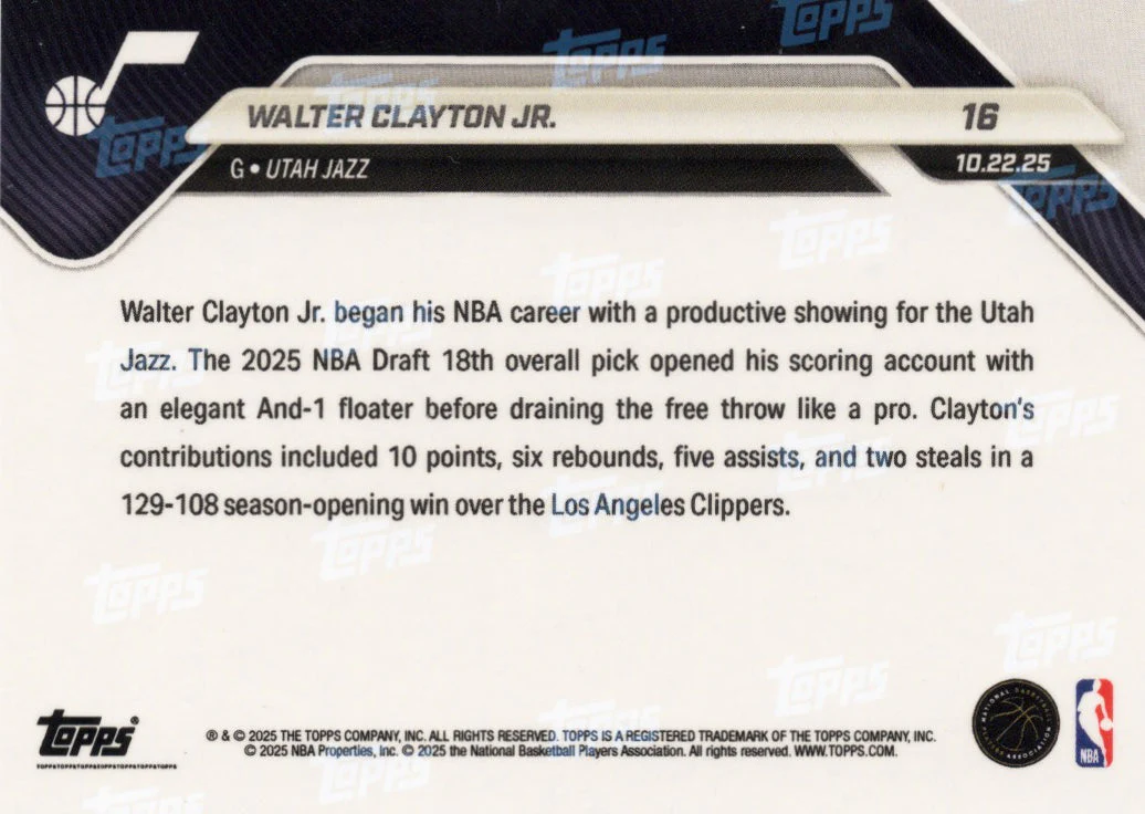 2025 Topps Now Walter Clayton Jr #16 Gold Foil /50 Utah Jazz Rookie RC Basketball Card - Image 2