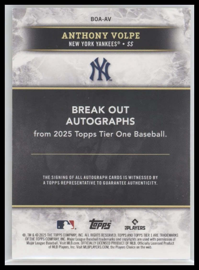 2025 Topps Tier One Break Out Autographs Anthony Volpe #/99 Auto #BOA-AV - Image 2