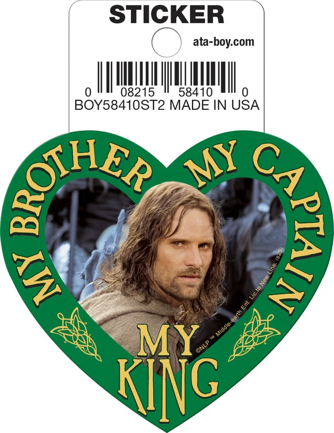 Ata-Boy Stickers: Die Cut Vinyl Sticker - 3" - Lord of the Rings - Aragorn - My King, My Brother, My Captain - Heart Shaped
