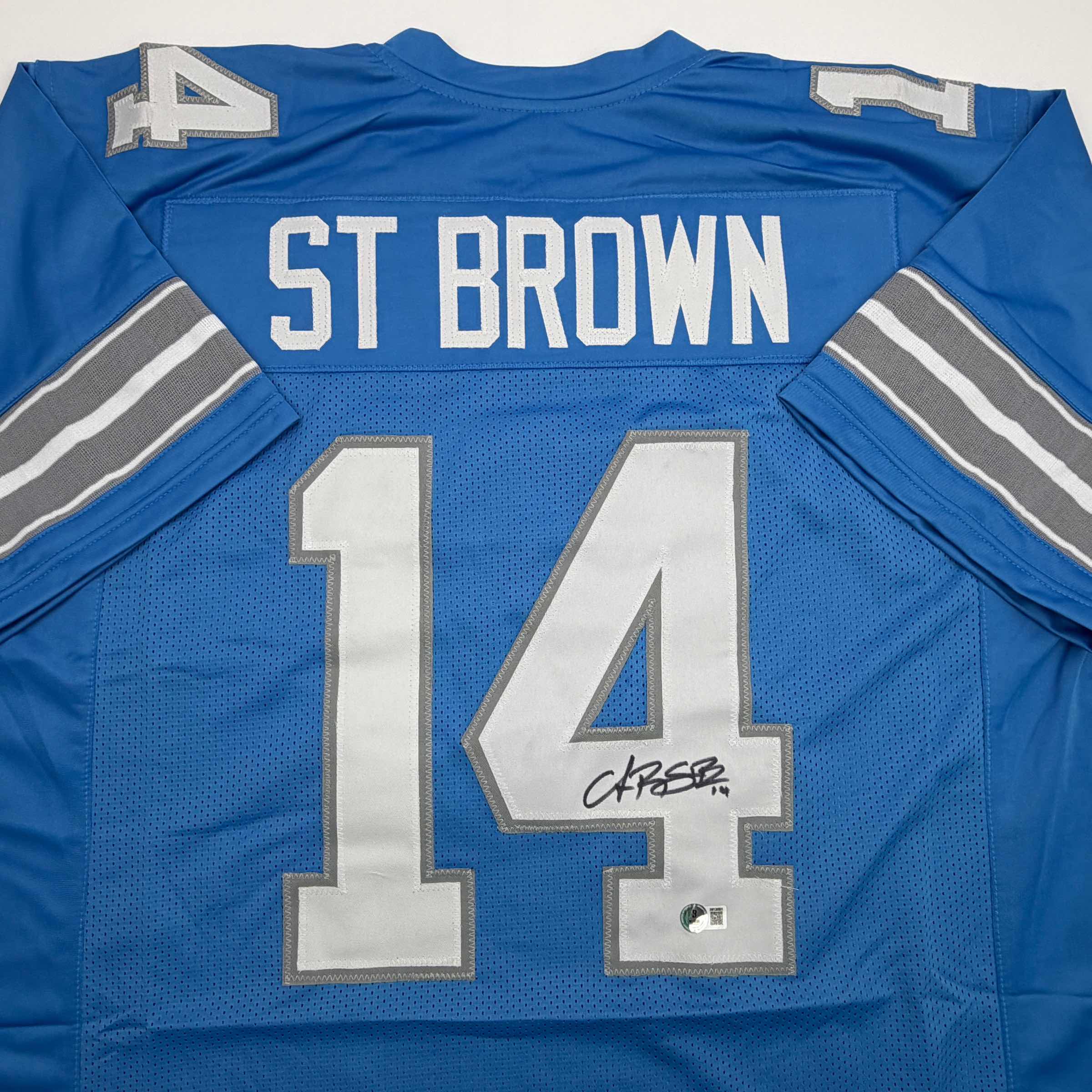 Autographed/Signed Amon-Ra St. Brown Detroit Current Blue Football Jersey Beckett BAS COA - Image 2