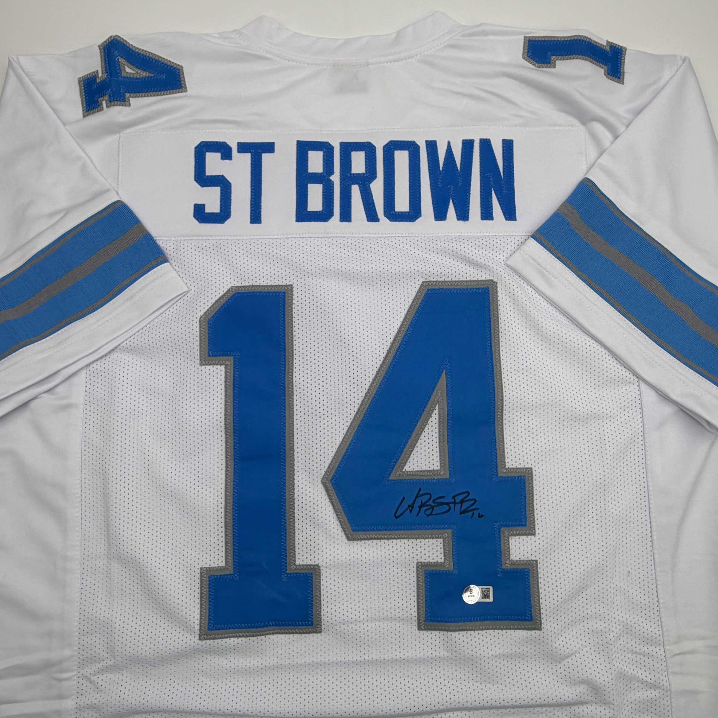Autographed/Signed Amon-Ra St. Brown Detroit White Football Jersey Beckett BAS COA - Image 2