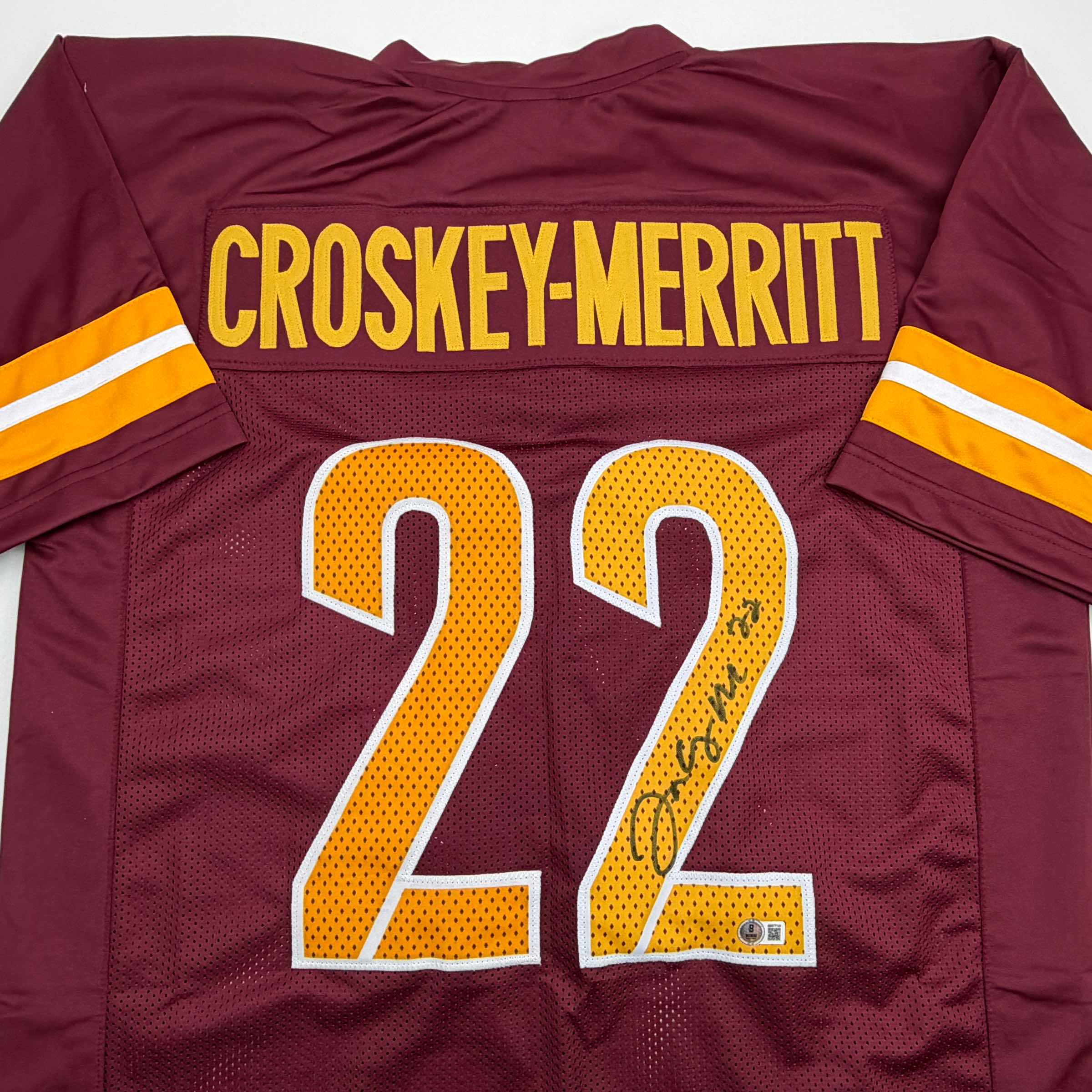 Autographed/Signed Bill Jacory Croskey-Merritt Washington Burgundy Football Jersey Beckett BAS COA - Image 2