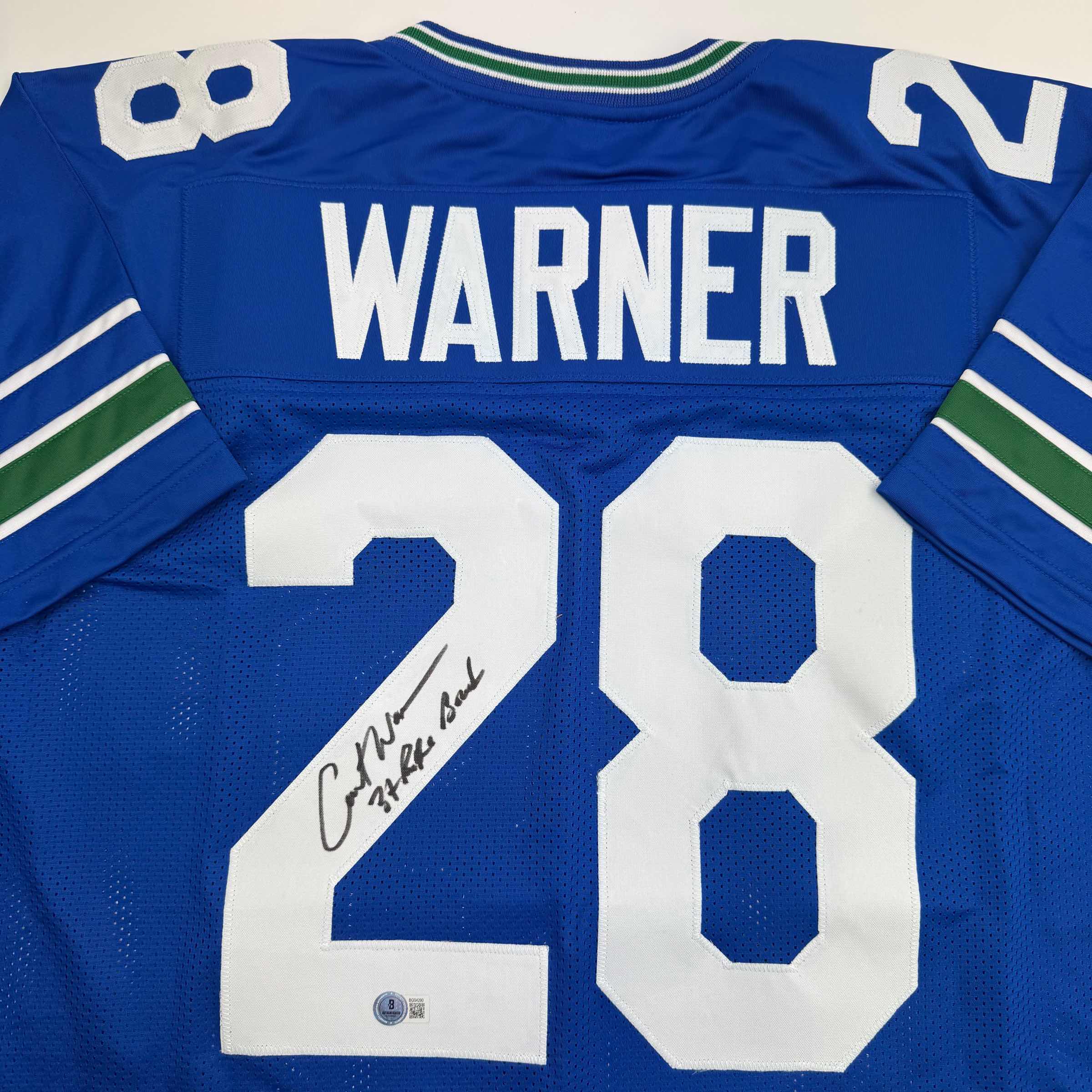 Autographed/Signed Curt Warner Seattle Blue Retro Football Jersey Beckett BAS COA - Image 2