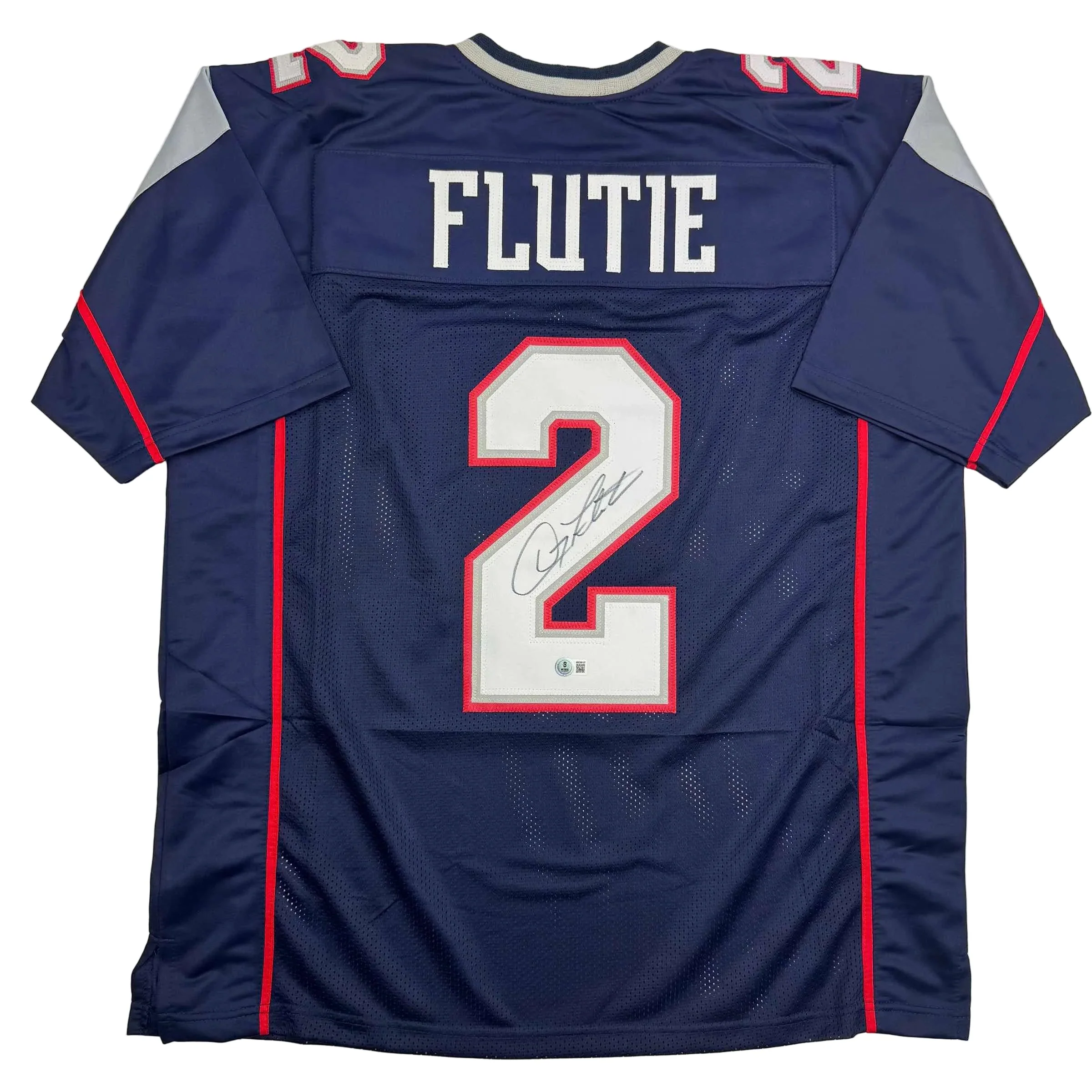 Autographed/Signed Doug Flutie New England Blue Football Jersey Beckett BAS COA
