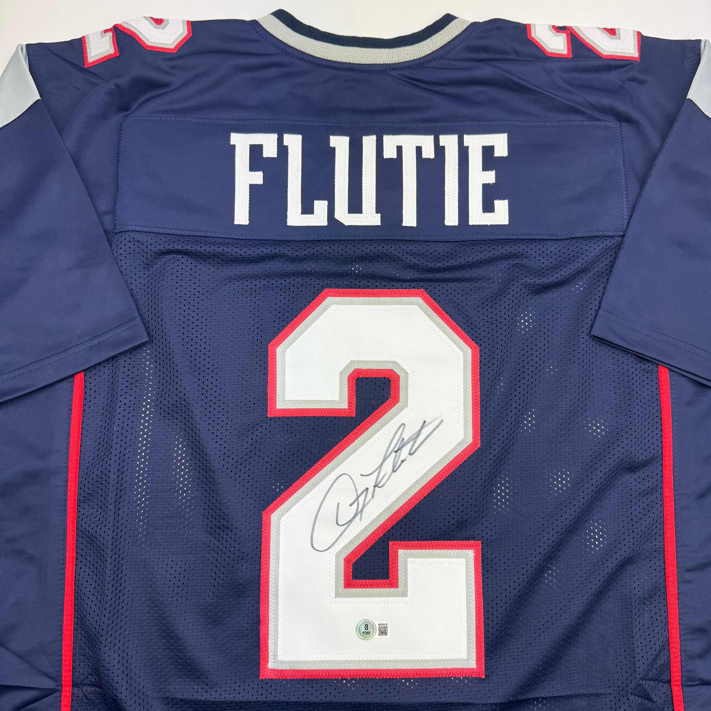 Autographed/Signed Doug Flutie New England Blue Football Jersey Beckett BAS COA - Image 2