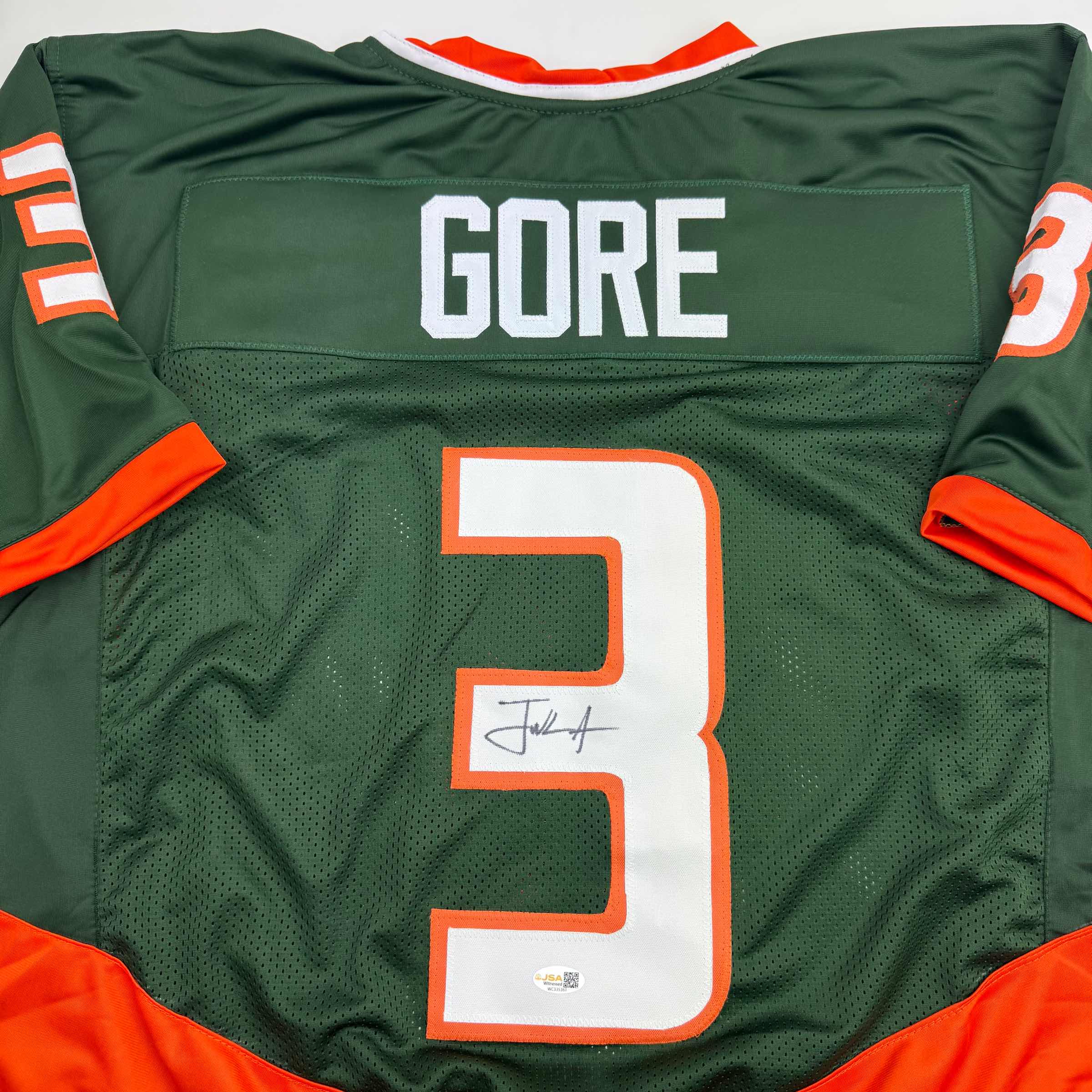 Autographed/Signed Frank Gore Miami Green Football Jersey JSA COA - Image 2