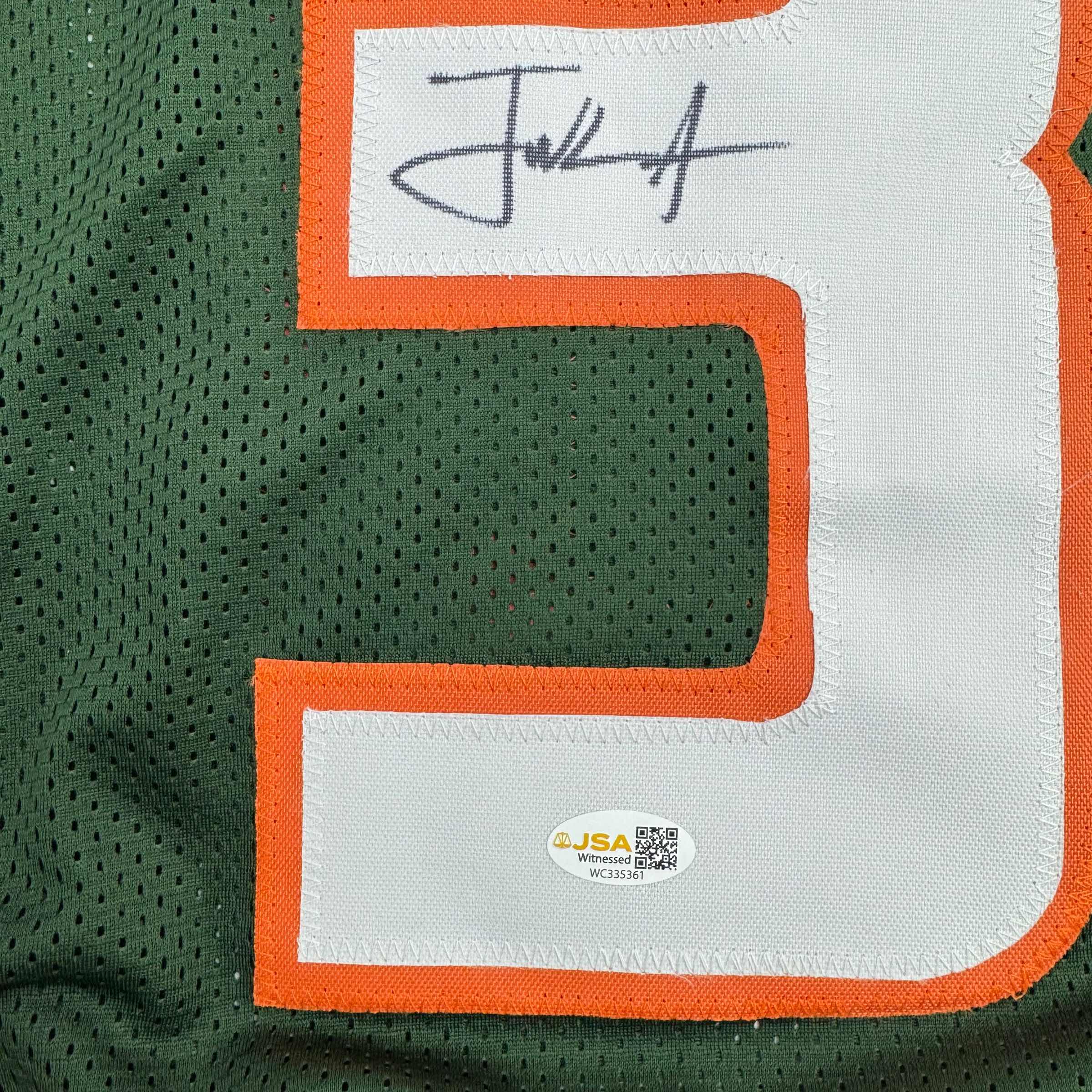 Autographed/Signed Frank Gore Miami Green Football Jersey JSA COA - Image 3