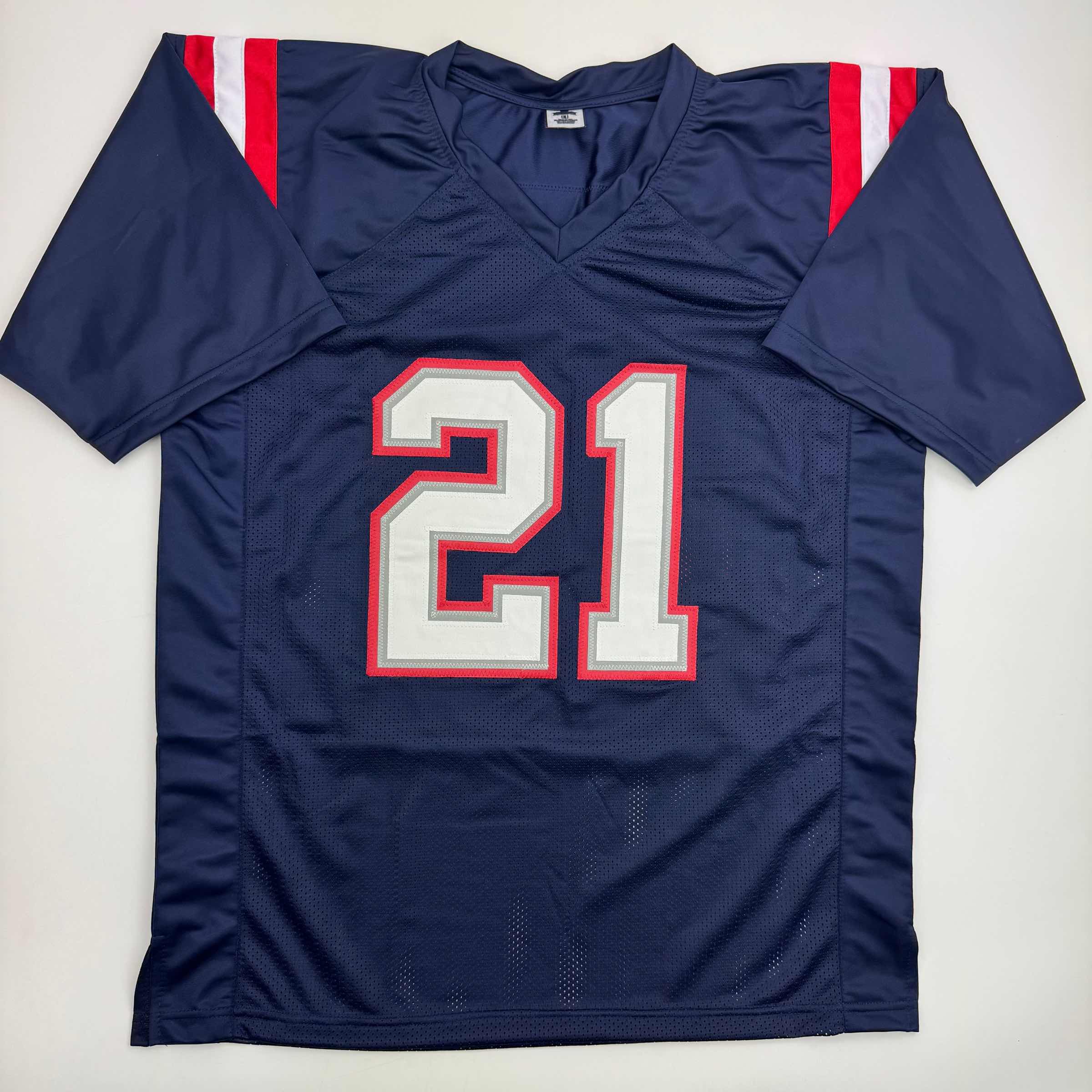 Autographed/Signed Jaylinn Hawkins New England Blue Football Jersey Beckett BAS COA - Image 2