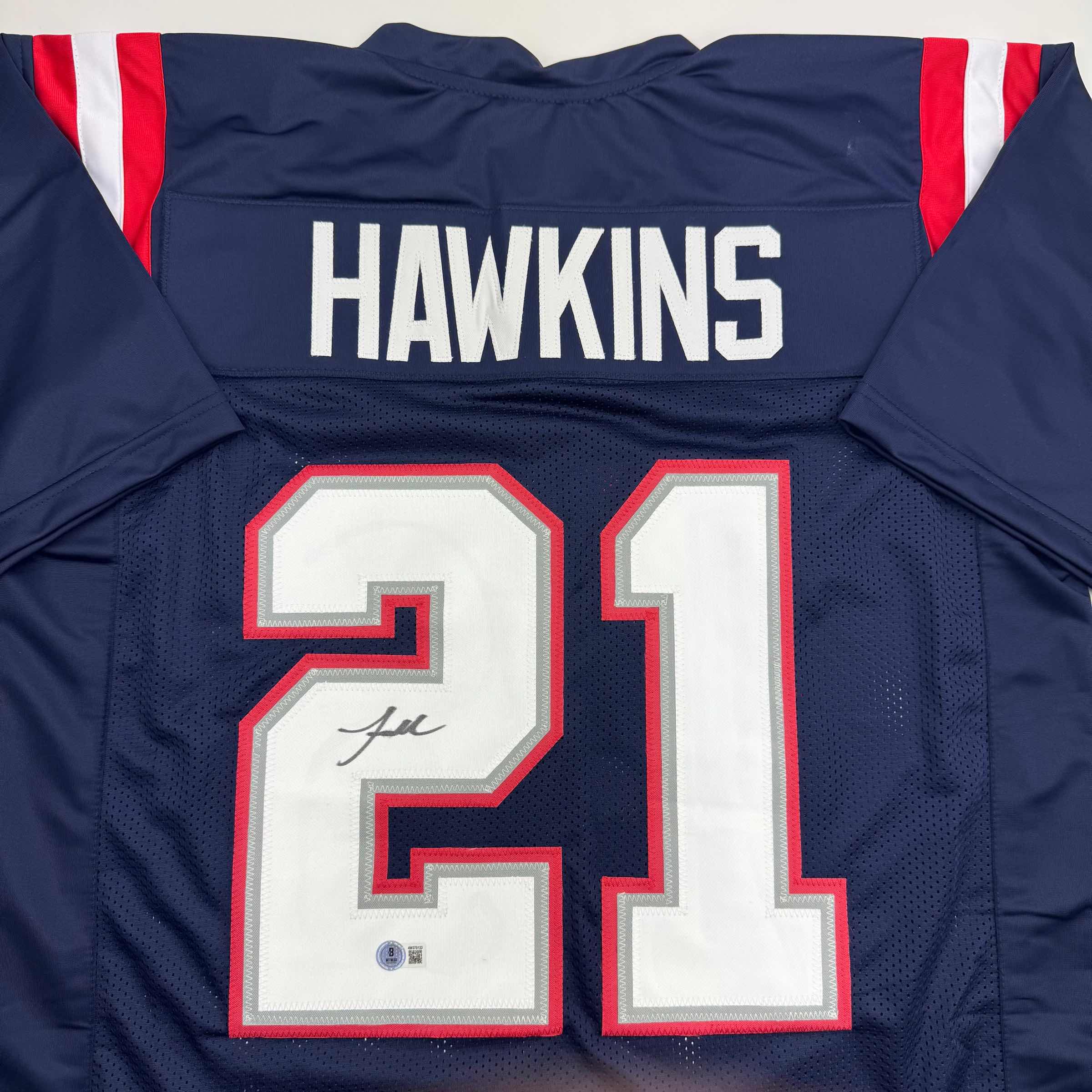 Autographed/Signed Jaylinn Hawkins New England Blue Football Jersey Beckett BAS COA - Image 3