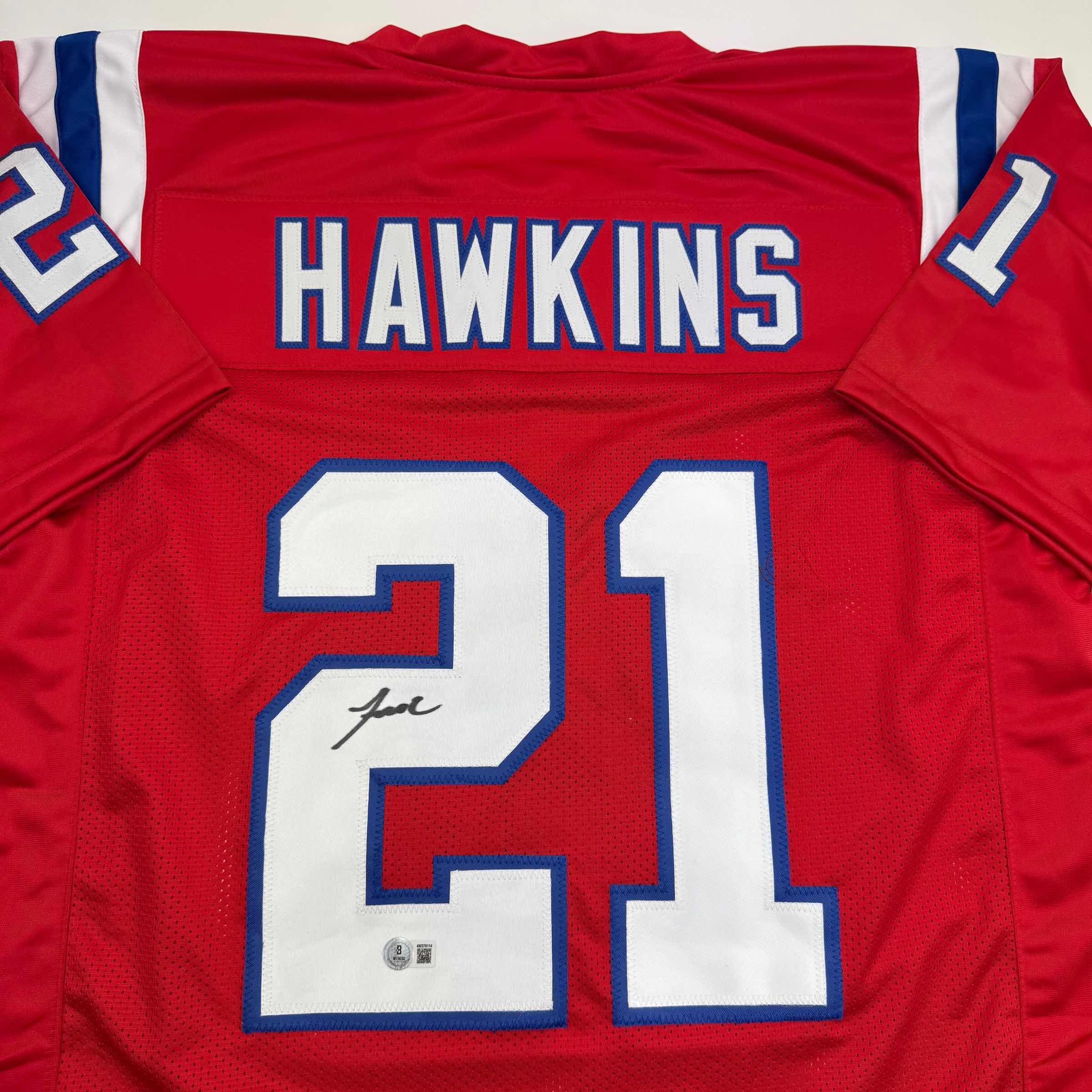 Autographed/Signed Jaylinn Hawkins New England Red Football Jersey Beckett BAS COA - Image 2