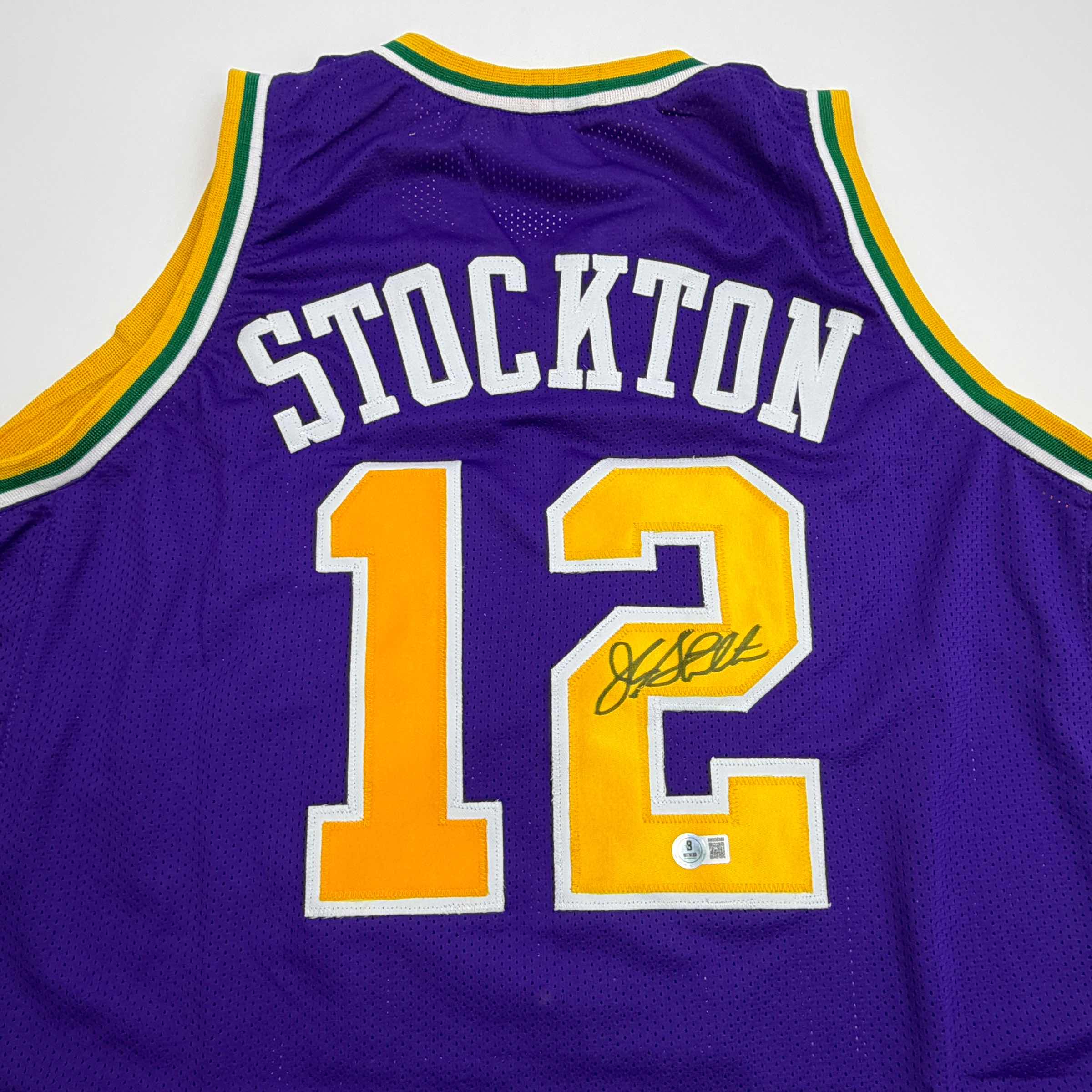 Autographed/Signed John Stockton Utah Purple Basketball Jersey Beckett BAS COA - Image 2