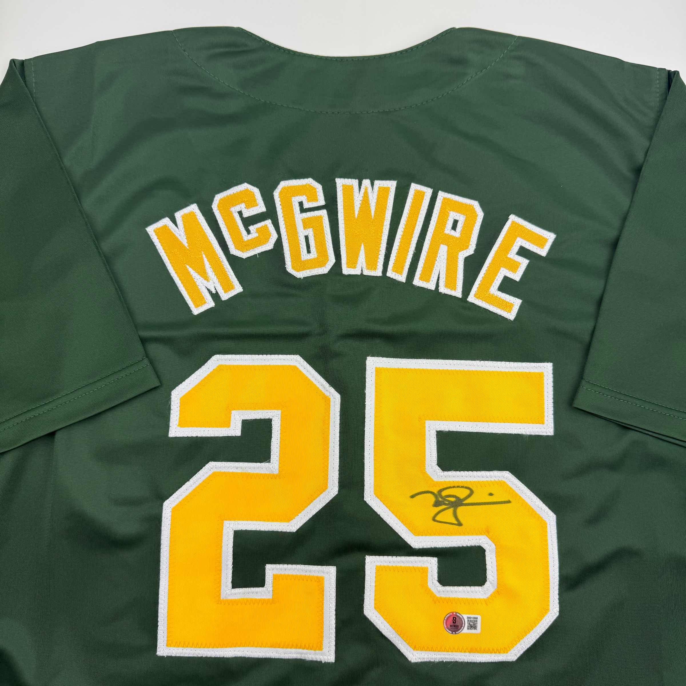 Autographed/Signed Mark McGwire Oakland Green Baseball Jersey Beckett BAS COA - Image 2