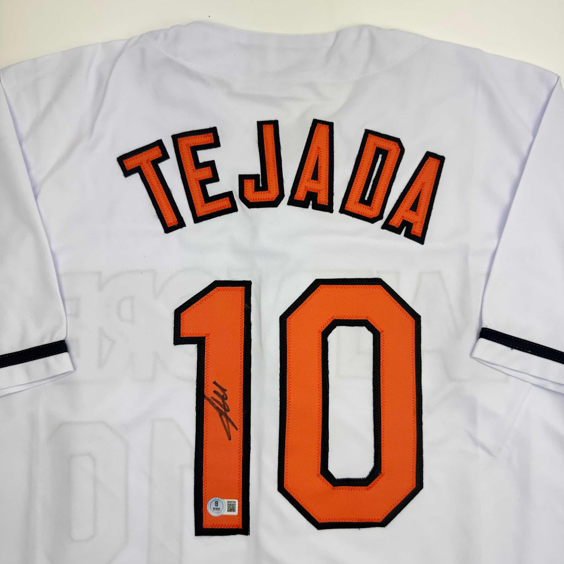 Autographed/Signed Miguel Tejada Baltimore White Baseball Jersey Beckett BAS COA - Image 2
