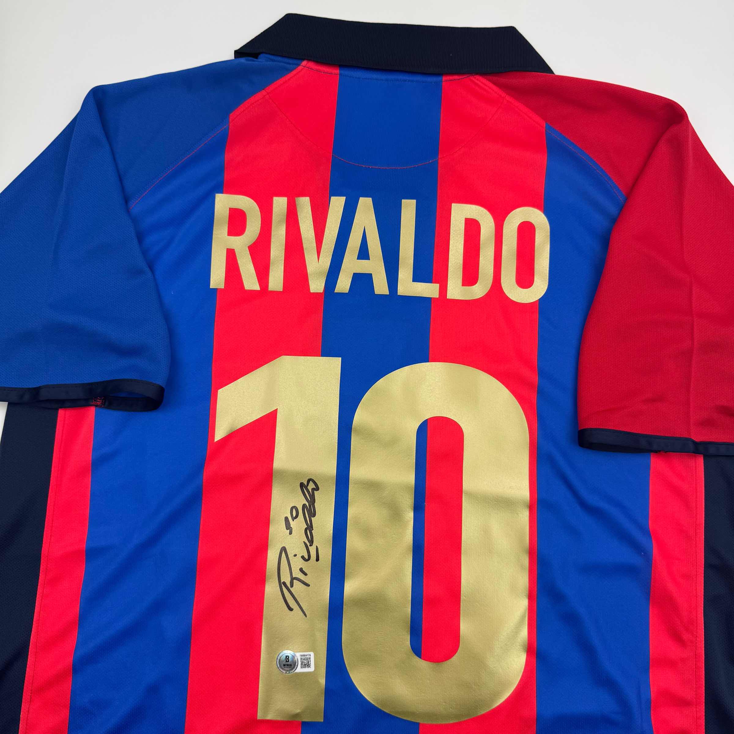 Autographed/Signed Rivaldo Ferreira FC Barcelona Blue Soccer Jersey Beckett BAS COA - Image 2