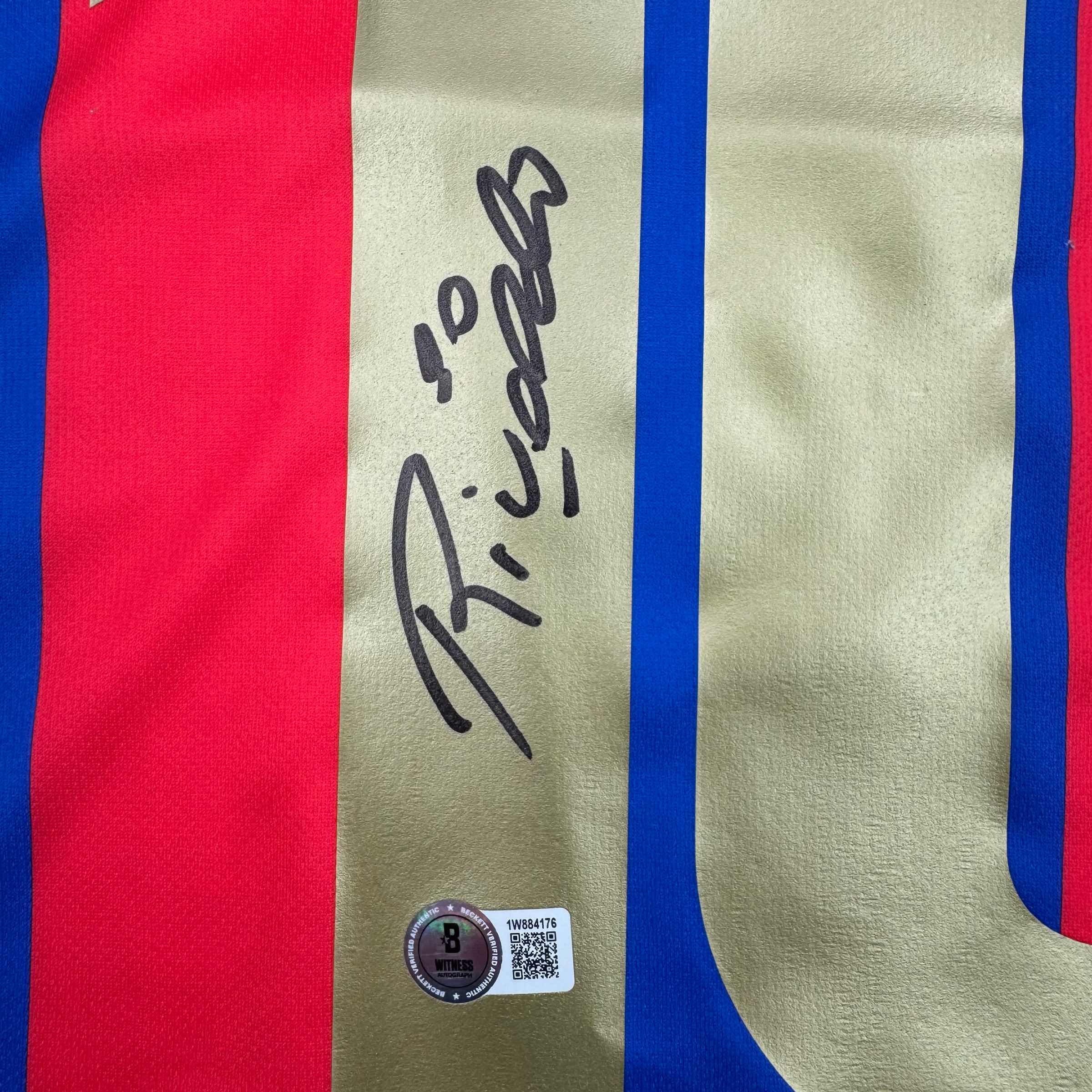 Autographed/Signed Rivaldo Ferreira FC Barcelona Blue Soccer Jersey Beckett BAS COA - Image 3