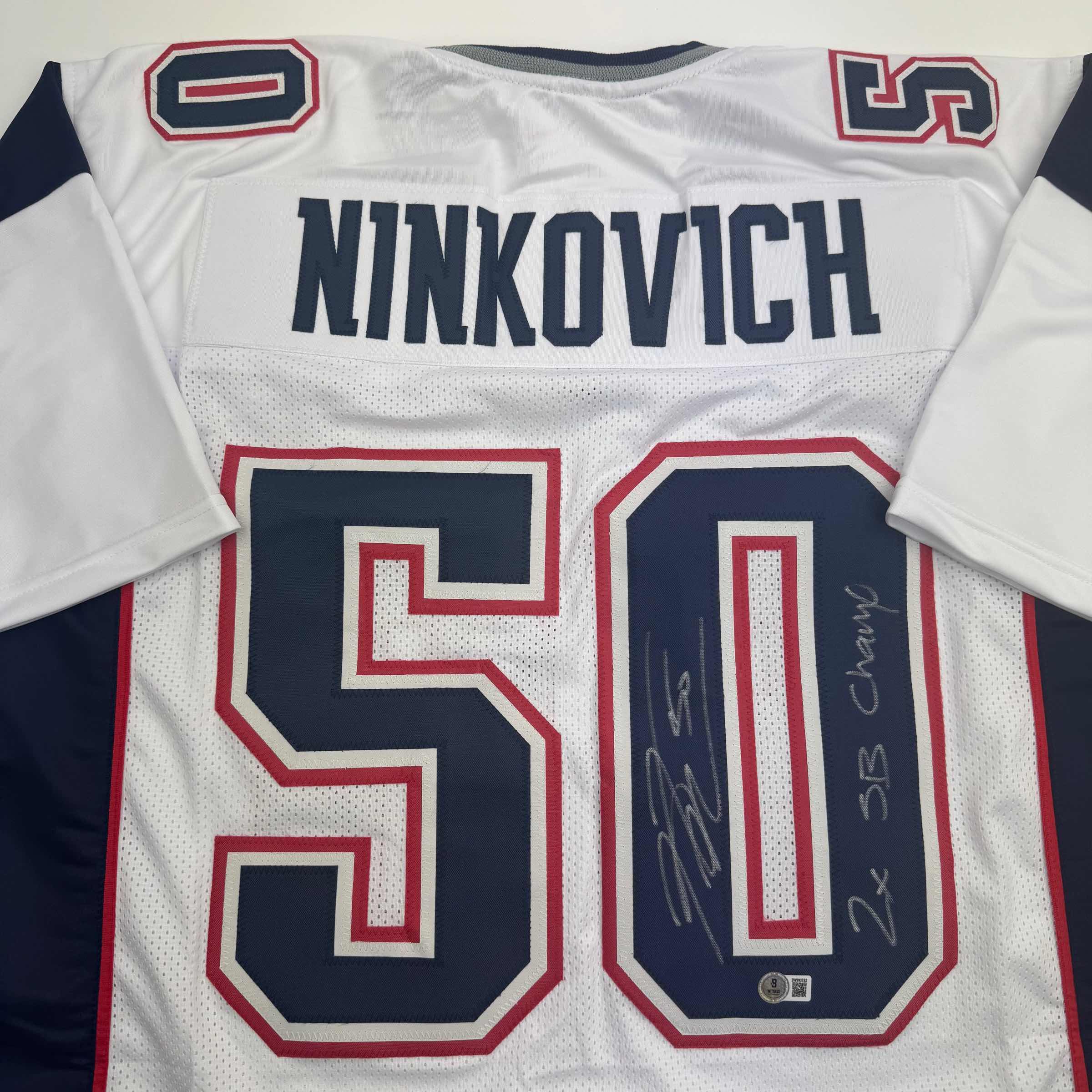 Autographed/Signed Rob Ninkovich "2x SB Champ" New England White Football Jersey Beckett BAS COA - Image 2