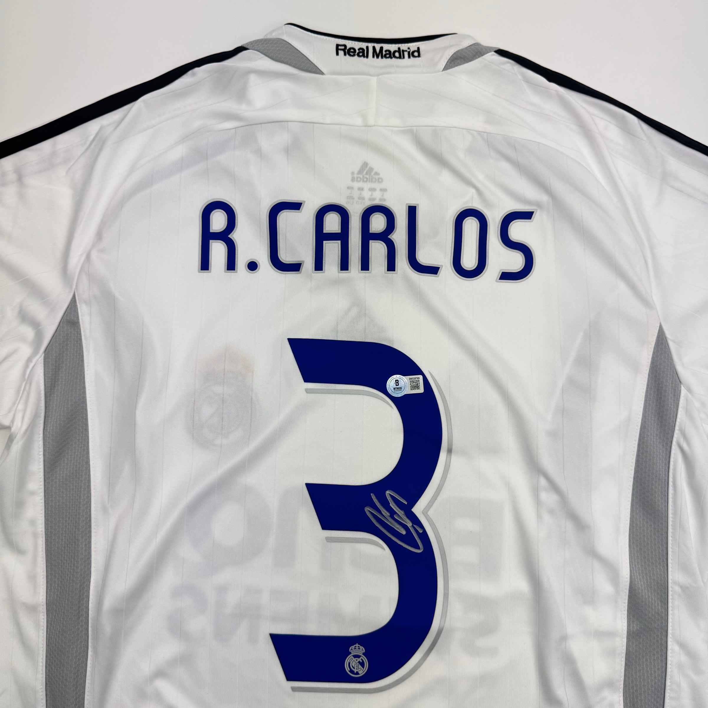 Autographed/Signed Roberto Carlos Real Madrid White Soccer Jersey Beckett BAS COA - Image 2