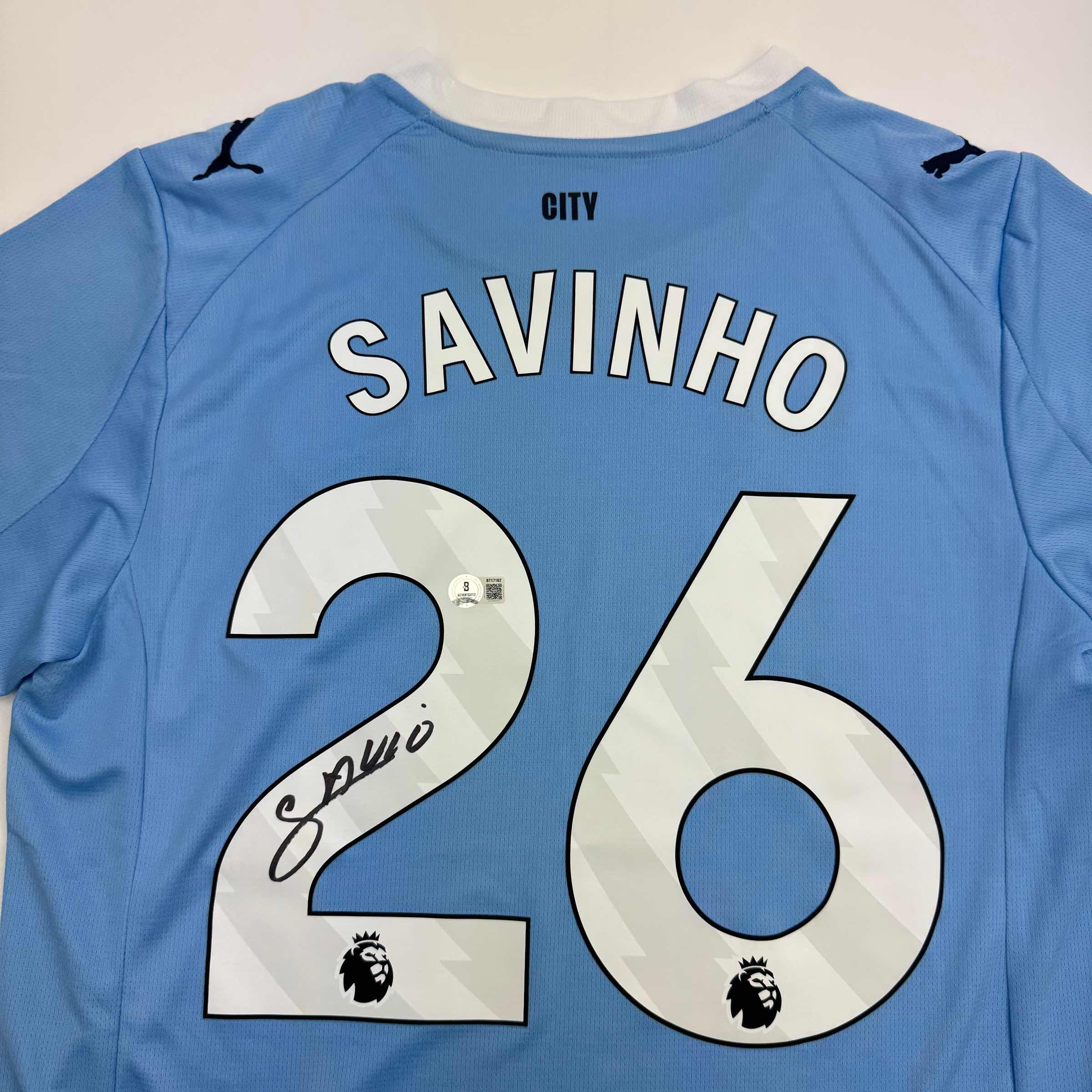 Autographed/Signed Savinho Manchester City Blue Soccer Futbol Jersey Beckett BAS COA - Image 2